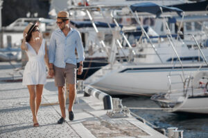 Couple walking in the marina